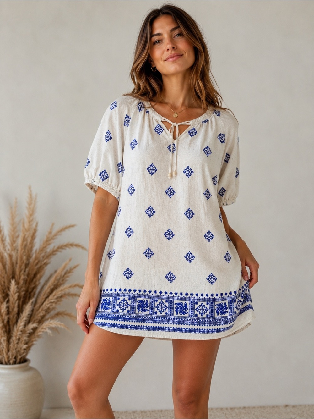 Figueroa & Flower Embroidered Shift Dress | Blue & Cream Boho Linen Blend , s M